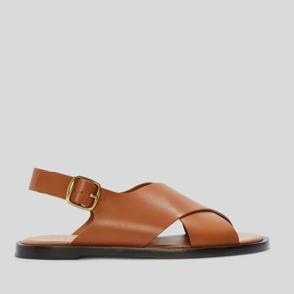Everlane City Crossover Sandals Desert Tan Leather Buckle Flat 6 New w/o Box - Picture 2 of 6
